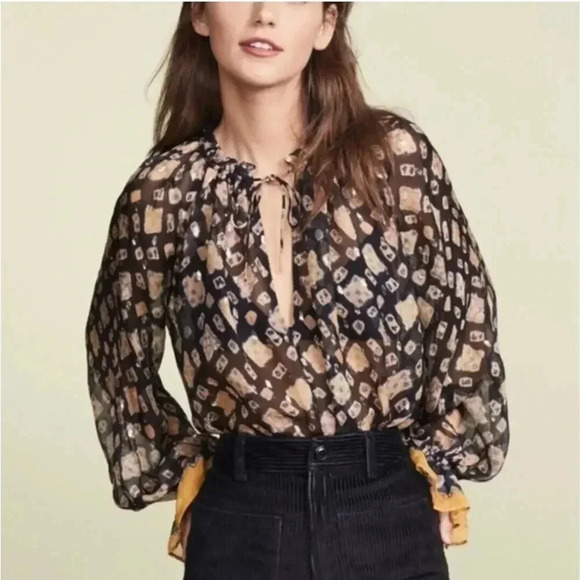 $477 Ulla Johnson Multicolor Printed Long Sleeve V Neck Nailah Blouse Top Sz Xs - Picture 3 of 16